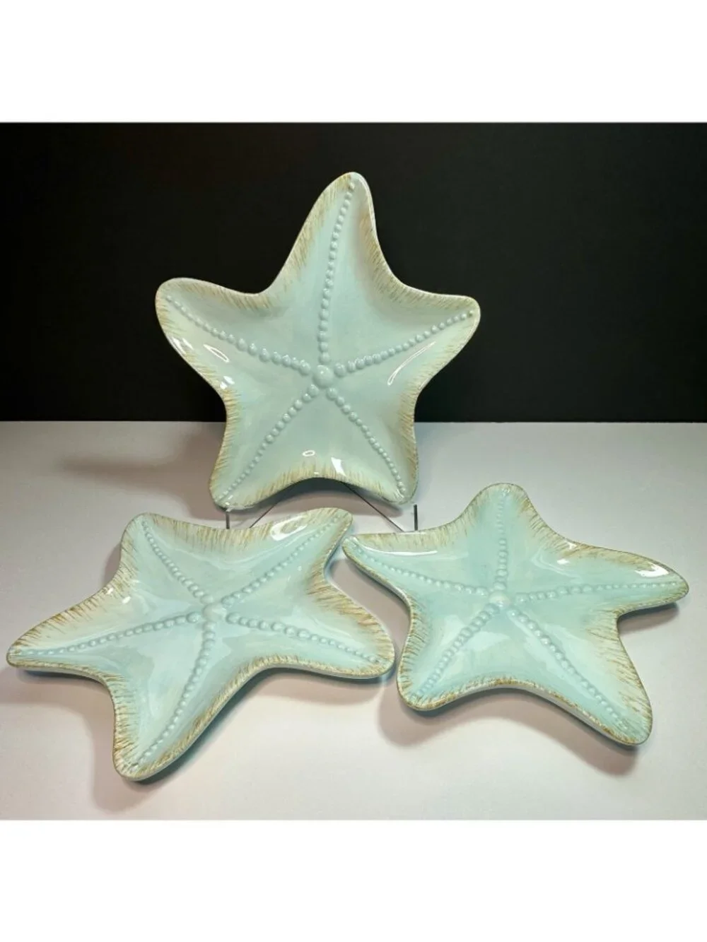 Blue Sky 2007 Starfish Set Of 3 Snack Plate Trinket Dish Beach Decor Aqua 8”
